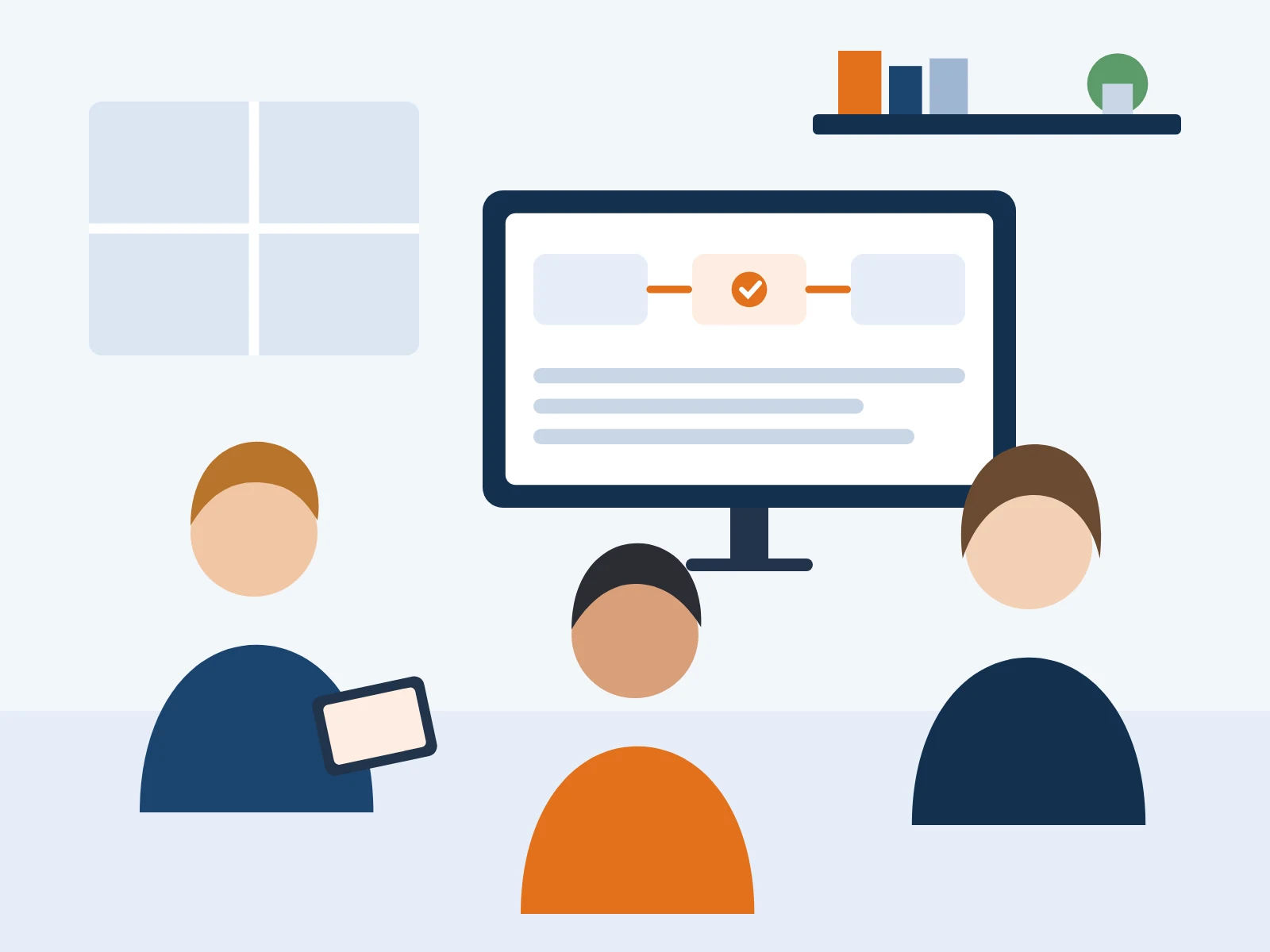 Illustration: Team bespricht ein Projekt am Bildschirm